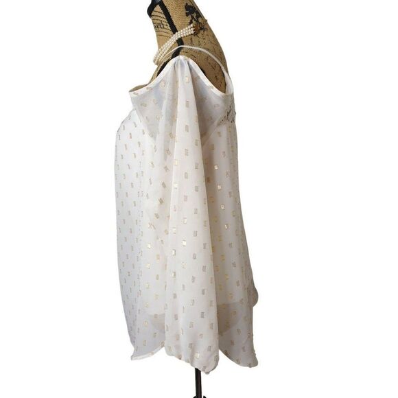 Women's Cold Shoulder Blouse Crochet Lace Gold Detail Layer Chiffon Top M - Picture 2 of 6